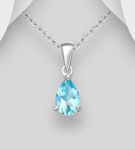925 Sterling Silver Solitaire Pendant & Chain Decorated with Pear Shape Sky Blue Topaz Stone